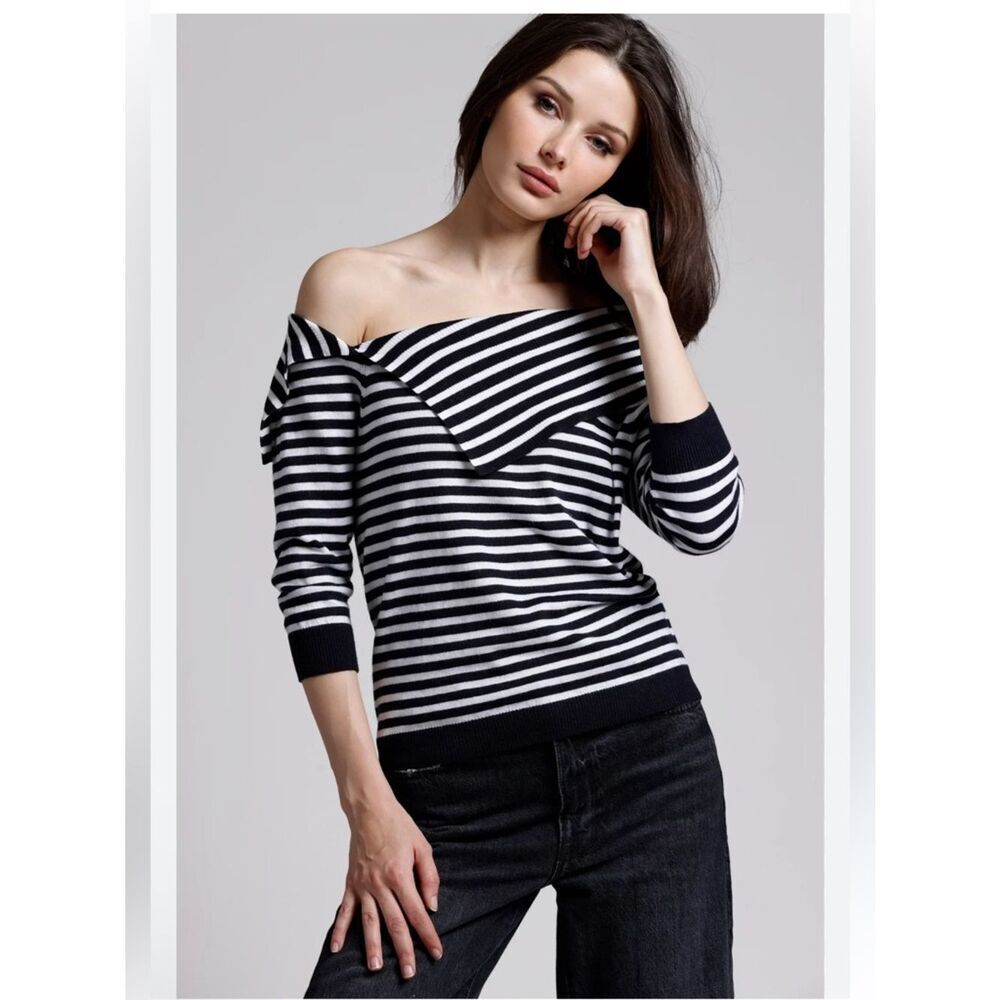 $198 Minnie Rose Cotton Cashmere Striped
Off The Shoulder sweater  Top NWOT